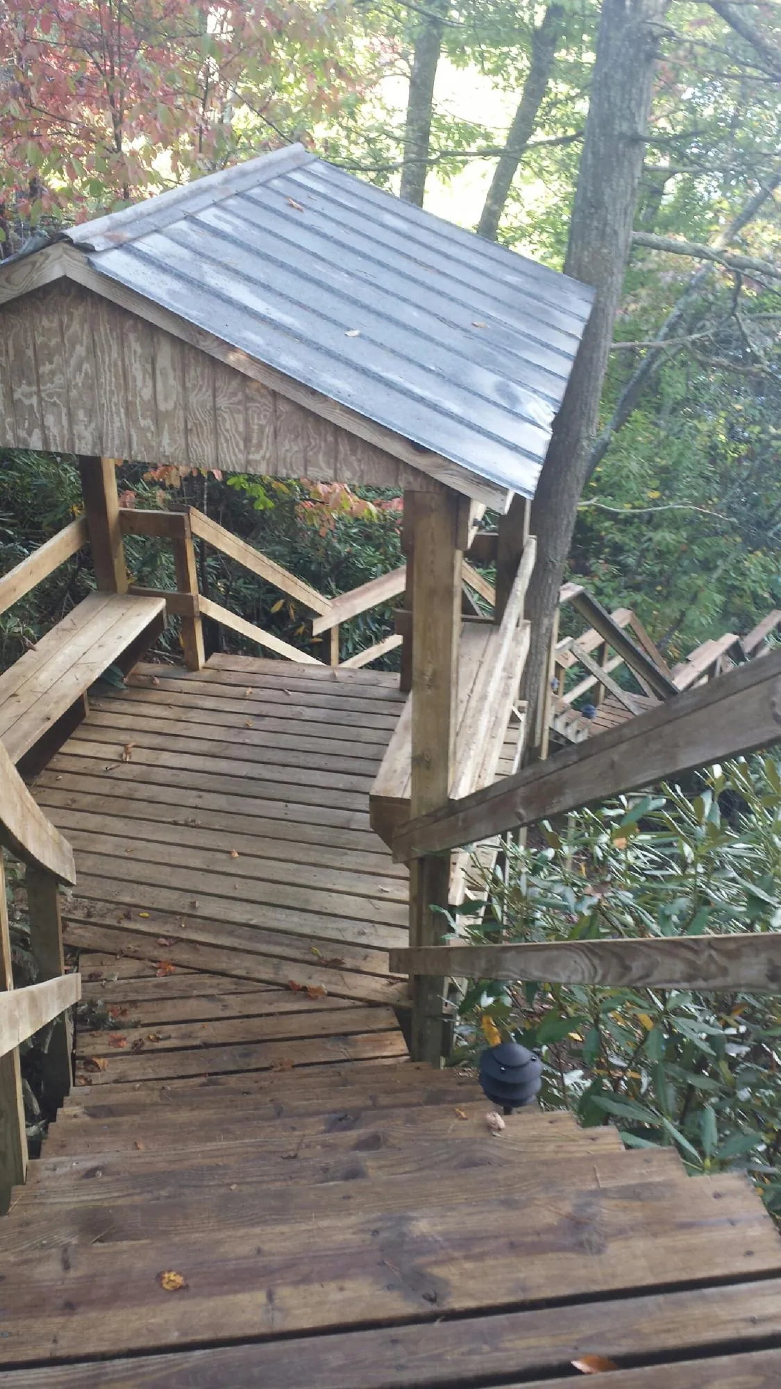 Metal roofed shelter over wooden steps on a wooded walkway — Skylight Repair & Installation work by our crew in Frederica